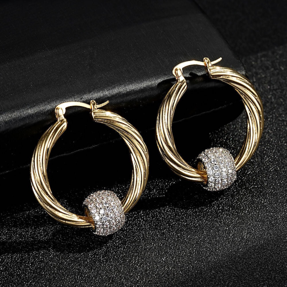 Premium Gold Large Hoop Earrings with Stone Disco Balls