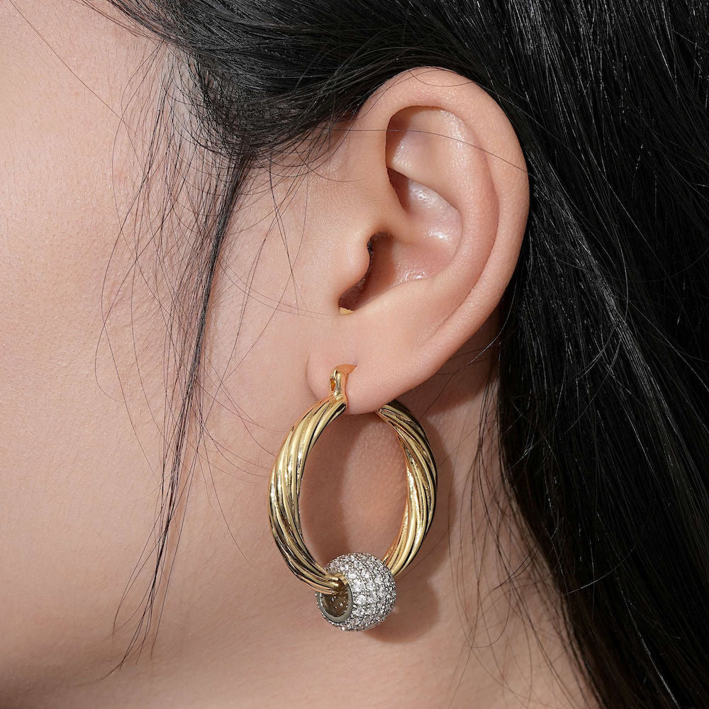 Premium Gold Large Hoop Earrings with Stone Disco Balls