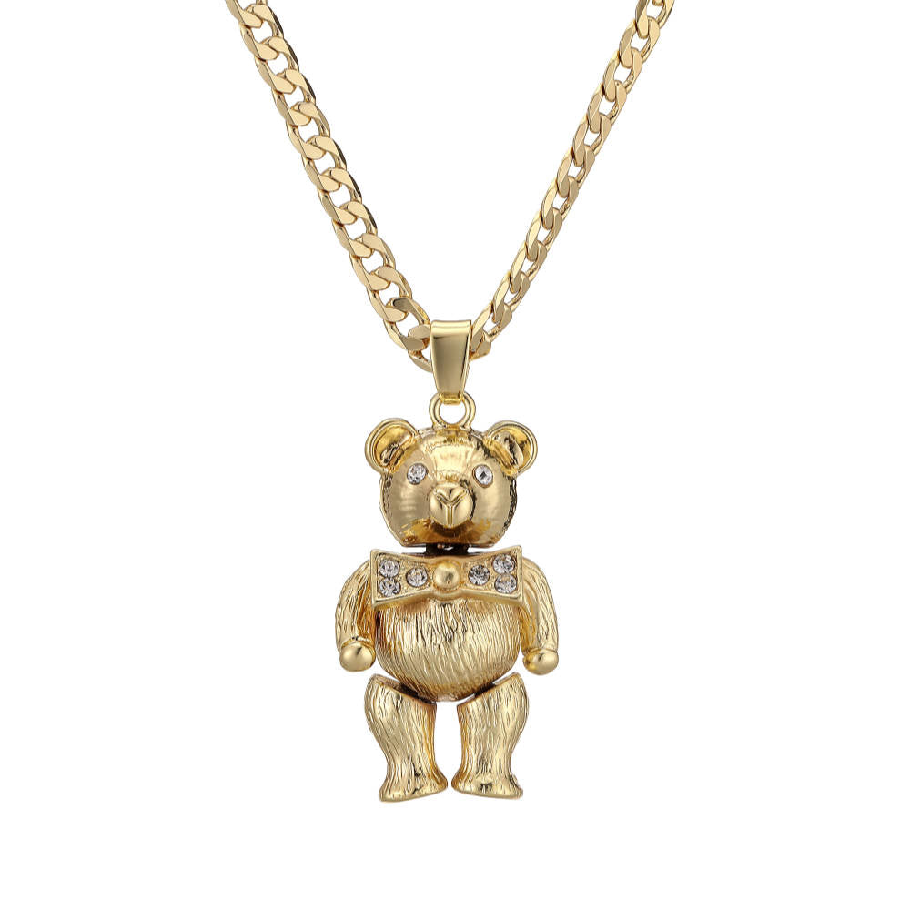 Premium Gold Teddy Bear Clear Stone Pendant with 4mm Cuban Link Chain