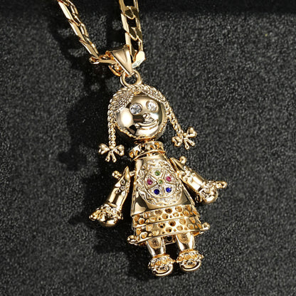 Gold 3D Rag Doll Pendant Multi Coloured Stones with 6mm Cuban Curb Chain