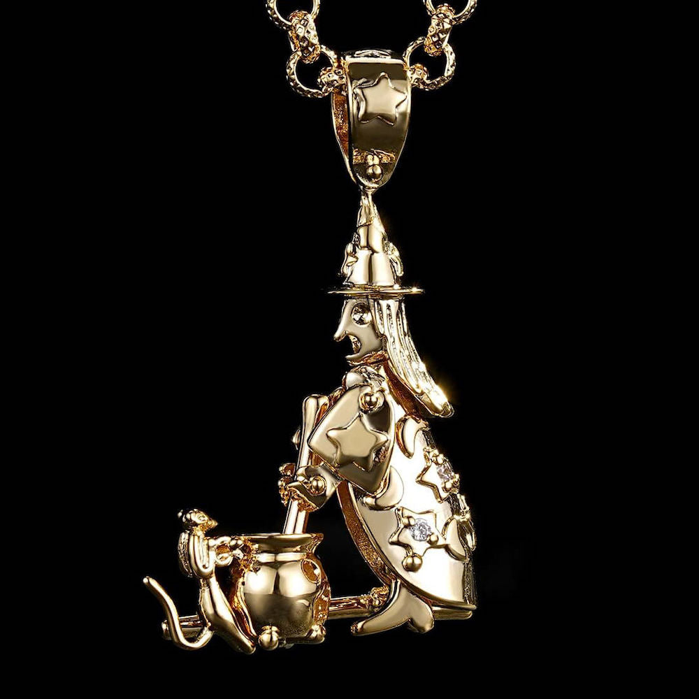 Premium Gold Articulated  Witch with Cauldron Pendant