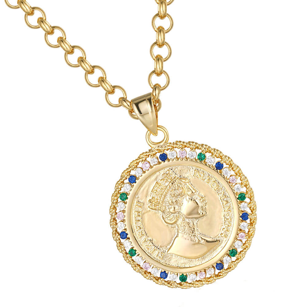Large Royal Queen Coin Pendant with Stones