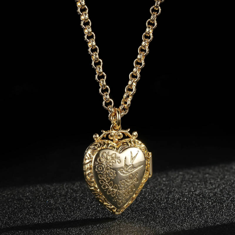 Premium Gold Heart Locket with Bird and Flowers