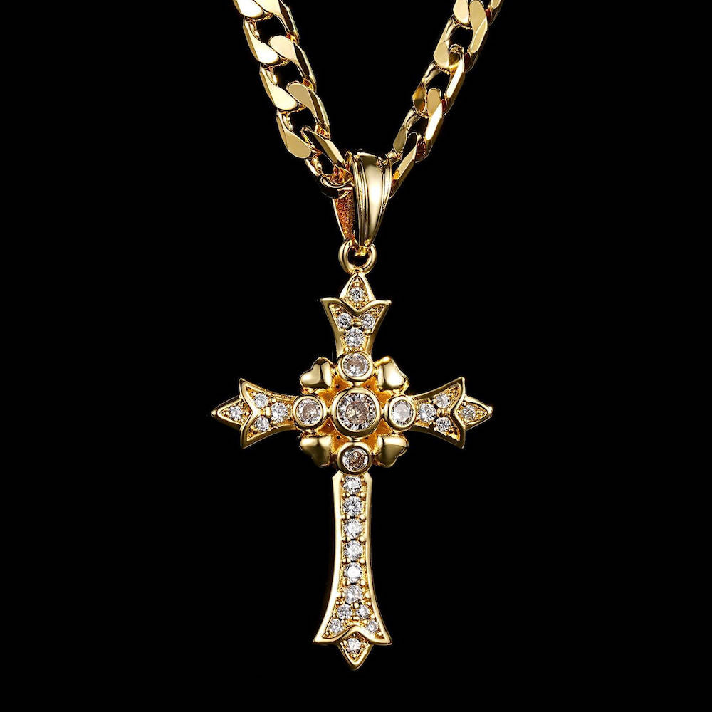 Heavy Gold Gothic Cross Pendant with Stones