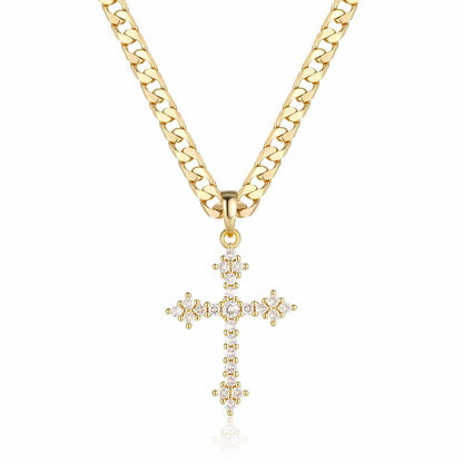 New Gold Crystal Cross Pendant 22 Inch 6mm Cuban Chain