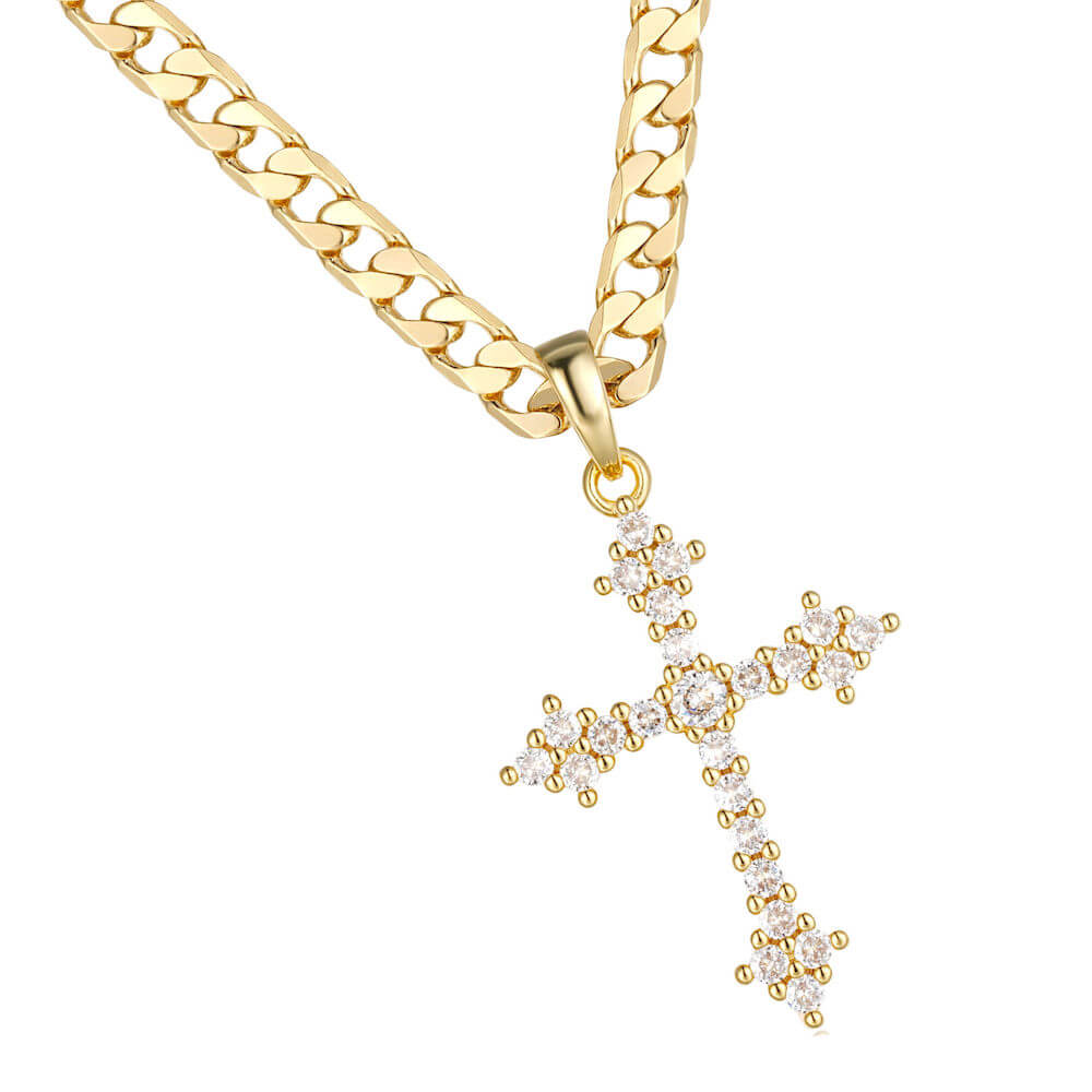 New Gold Crystal Cross Pendant 22 Inch 6mm Cuban Chain