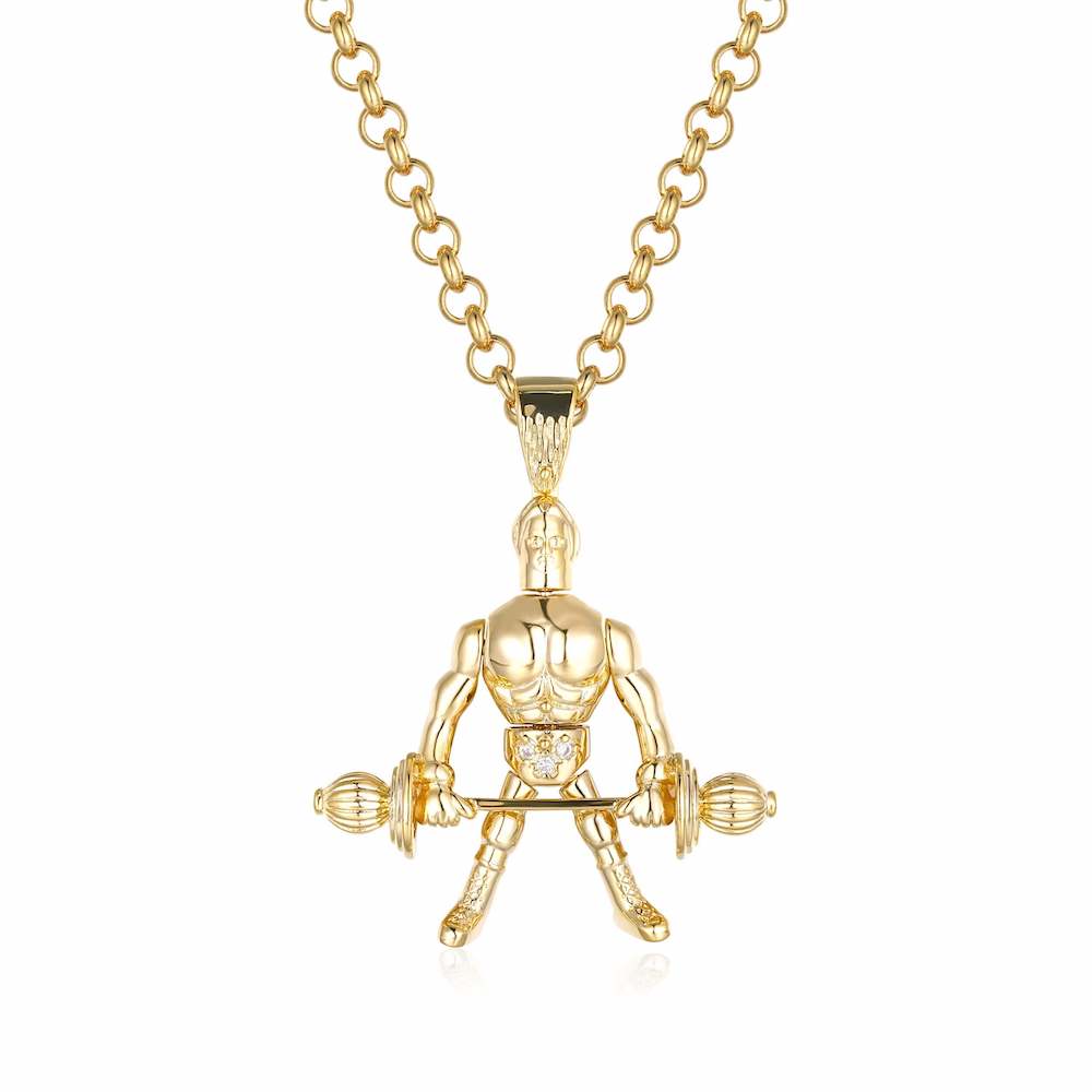 Premium Gold Articulated Weightlifter Pendant with All Clear Stones