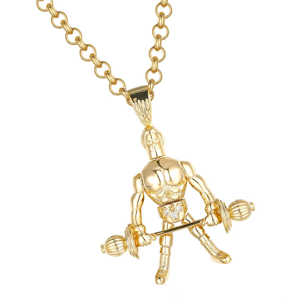 Premium Gold Articulated Weightlifter Pendant with All Clear Stones