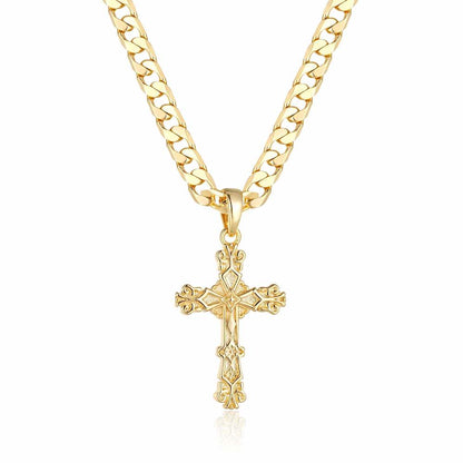 New Gold Filigree Cross Pendant 22 Inch 4mm Cuban Chain