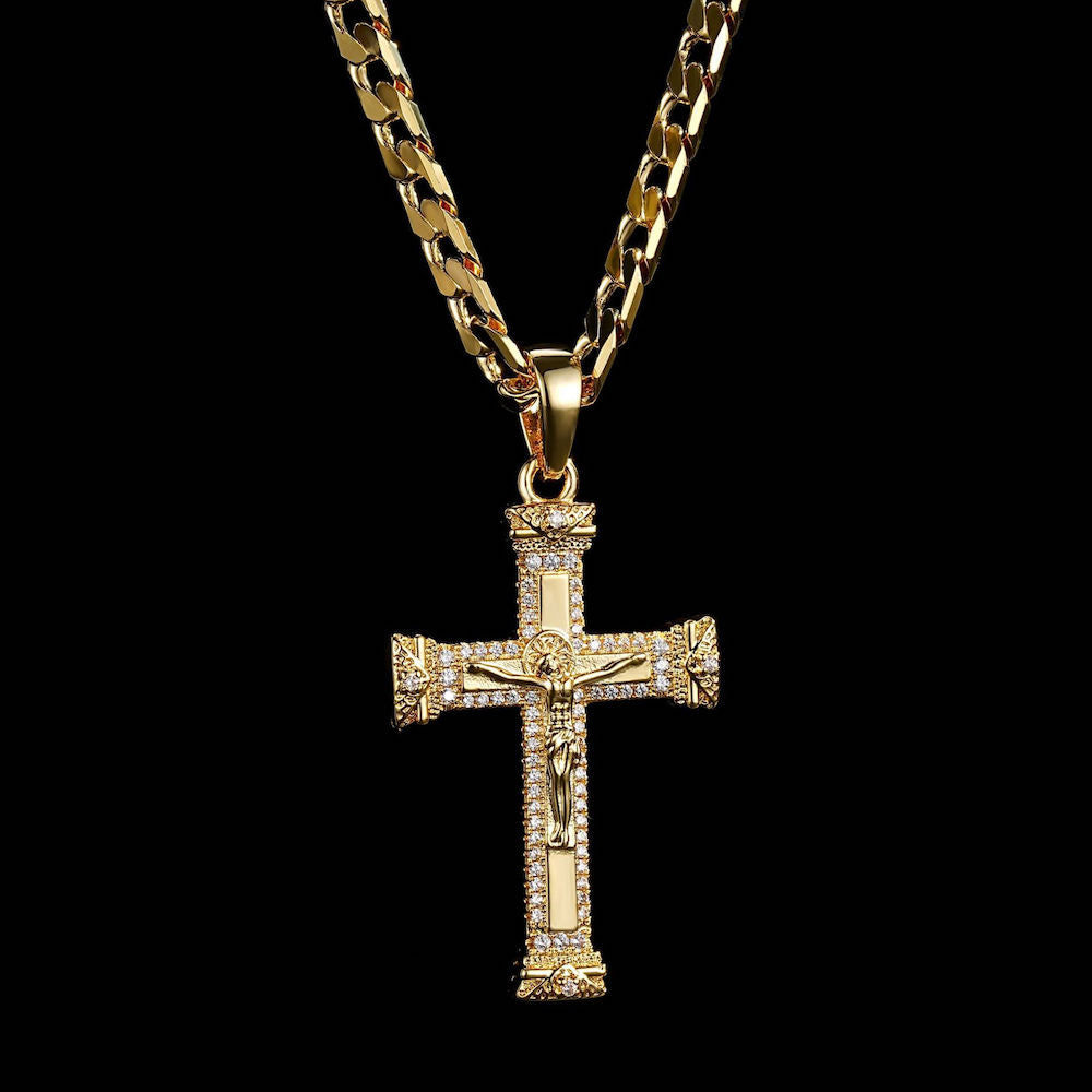 Heavy Gold Jesus Cross Crucifix Pendant with Stones