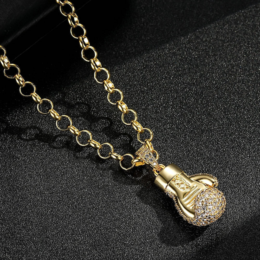 Gold Boxing Glove Pendant With Stones 22 Inch