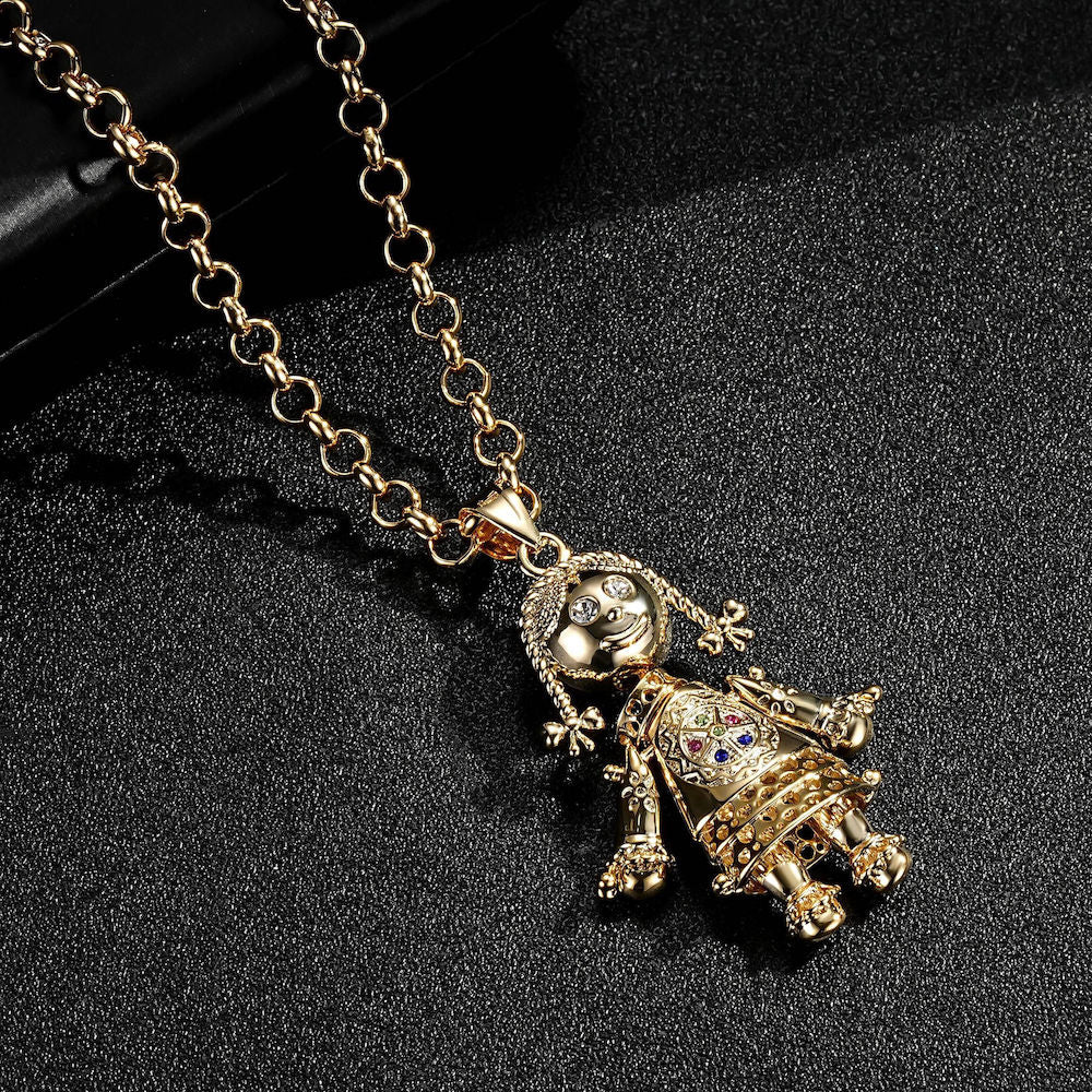 Gold Rag Doll Pendant Multi Coloured Stones 22 Inch 5mm Belcher Chain