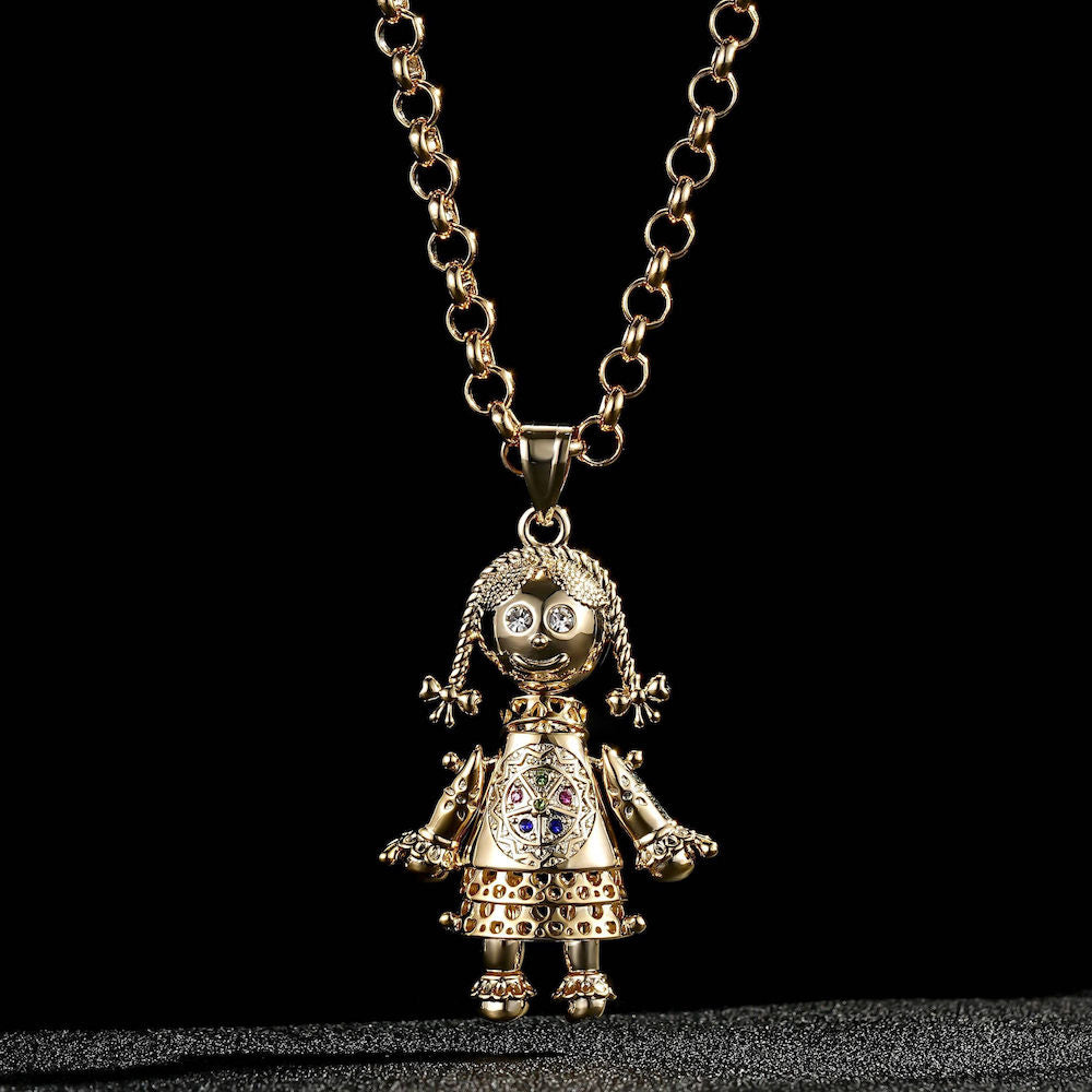 Gold Rag Doll Pendant Multi Coloured Stones 22 Inch 5mm Belcher Chain