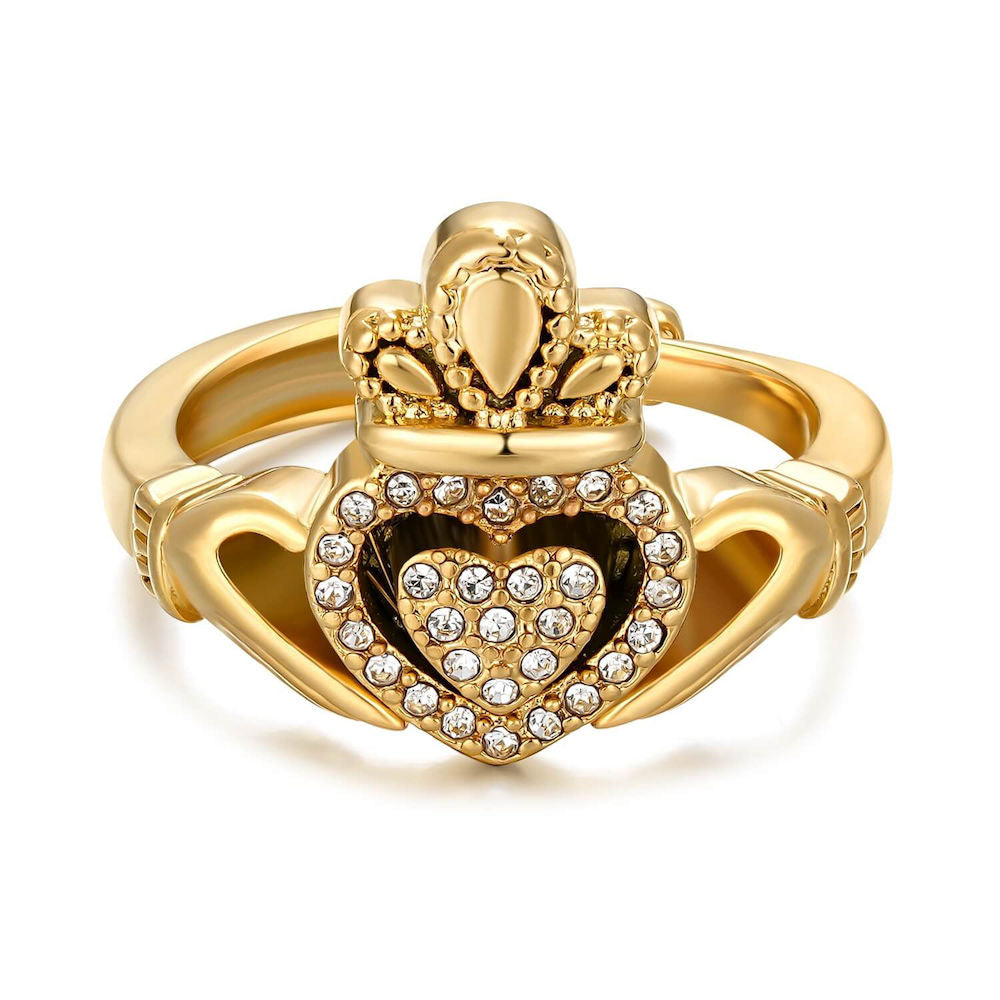 New Premium Gold Claddagh Adjustable Ring with Stones