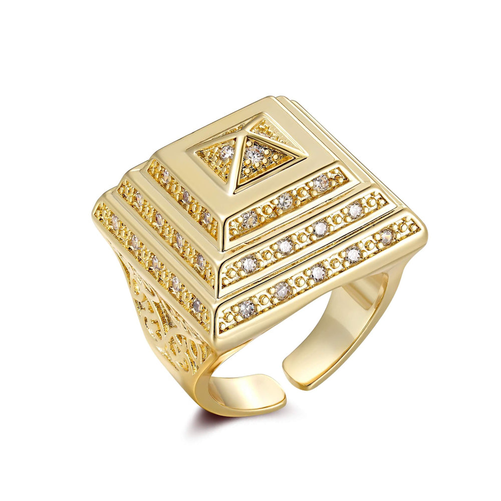 Premium XXL Gold Pyramid Adjustable Ring with Stones
