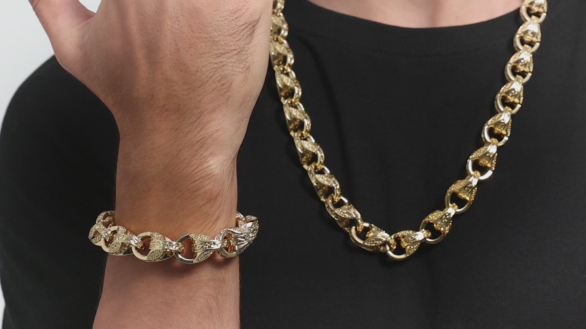 Luxury Gold XXL 15mm 3D Tulip Chain and Bracelet Set (28 &amp; 8 Inches)