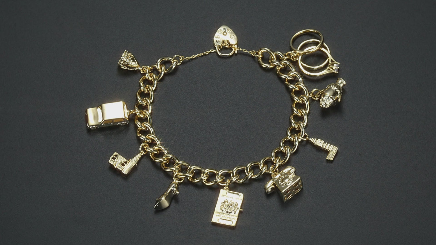 Luxury Gold Charm Bracelet Great Britain Heart Padlock