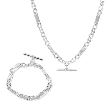 Luxury Silver Stars and Bars T-Bar Bracelet and Chain Set