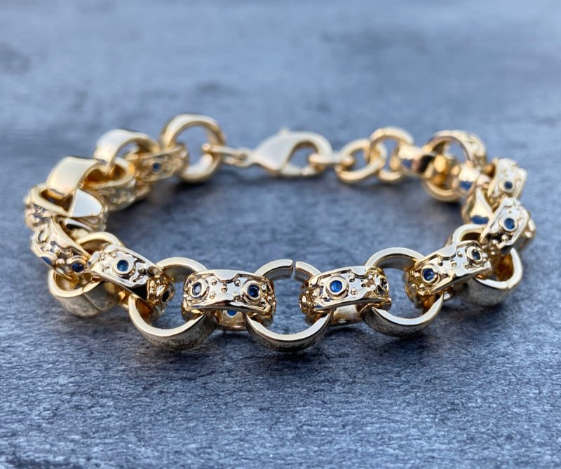 9mm Gold Crystal Pattern Belcher Bracelet with Blue Stones For Kids