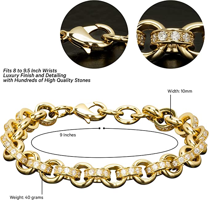Luxury 10mm Gold Alternate Pattern Belcher Bracelet with Stones