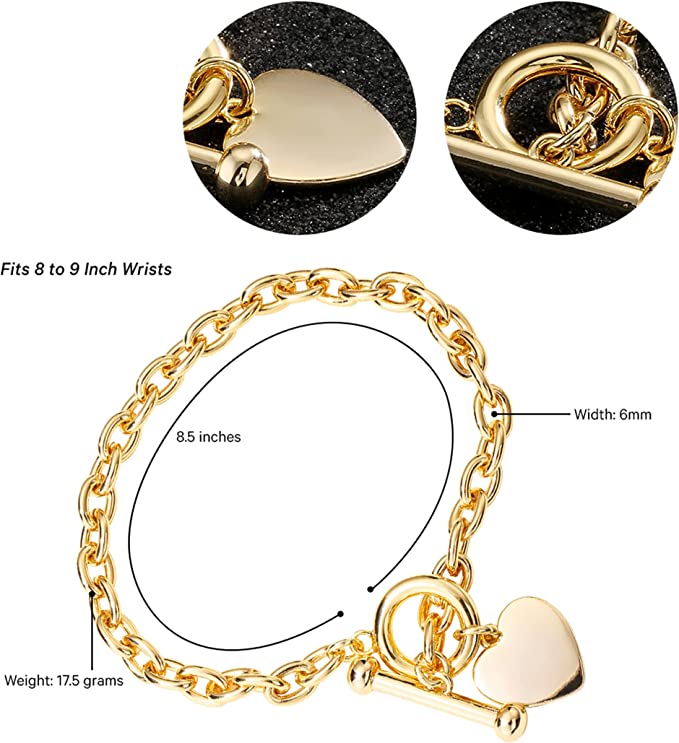 Luxury Gold Toggle Heart Bracelet Oval Links with Tbar