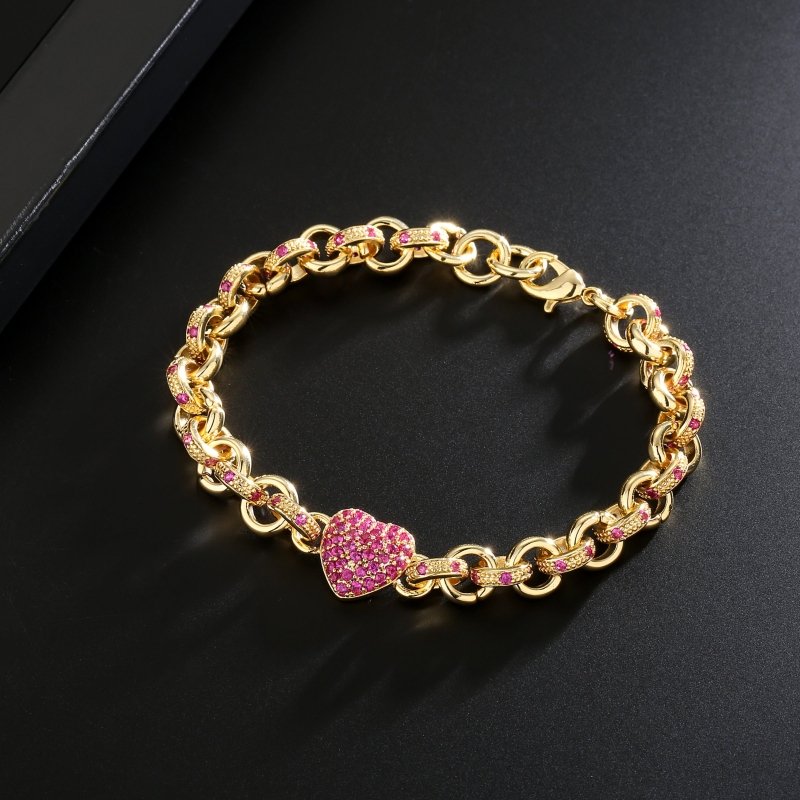 Gold All Red Crystal Single Heart Charm Belcher Bracelet