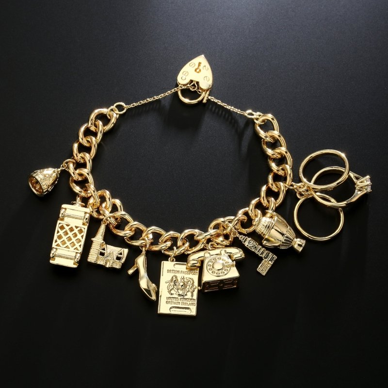 Luxury Gold Charm Bracelet Great Britain Heart Padlock