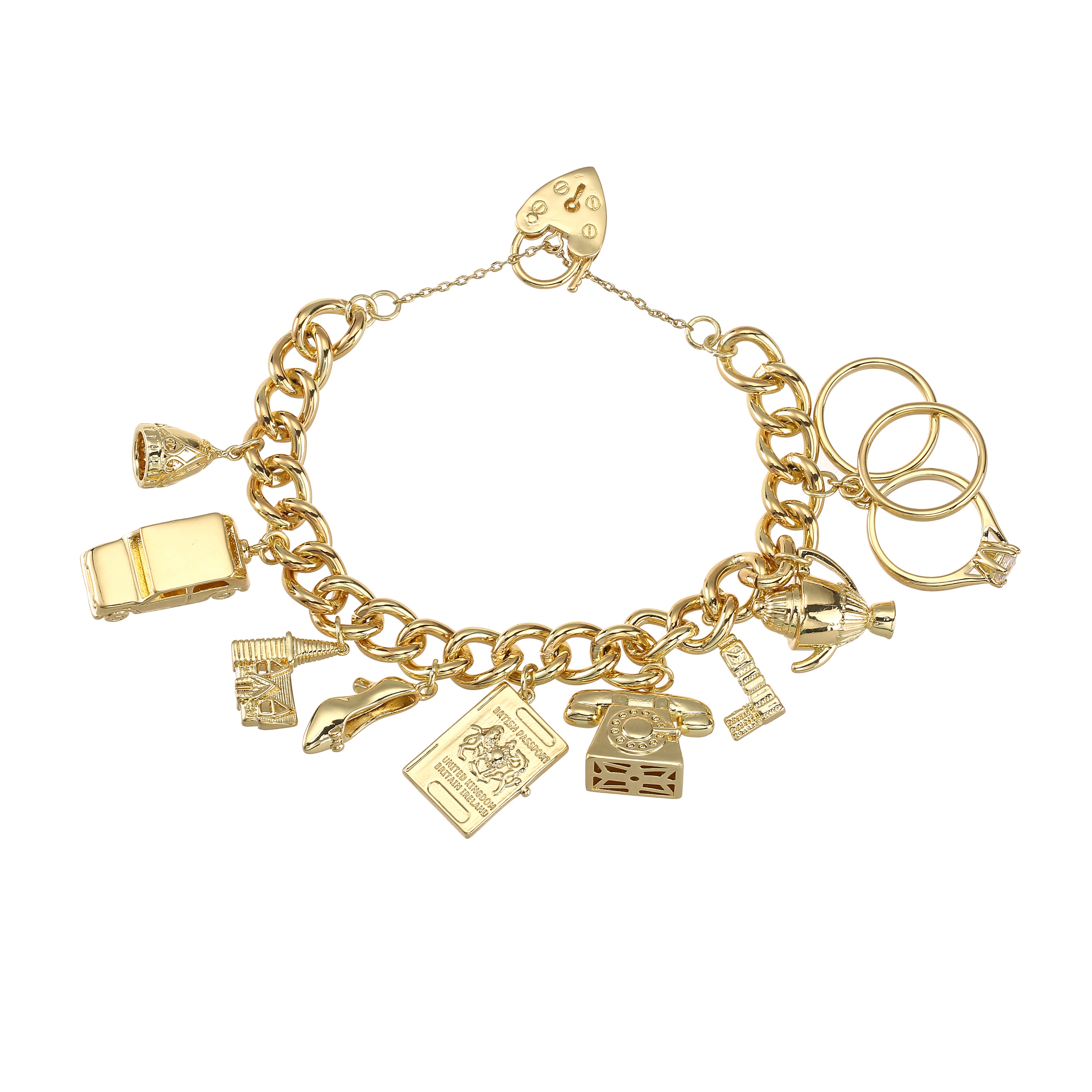 Luxury Gold Charm Bracelet Great Britain Heart Padlock – Bling King