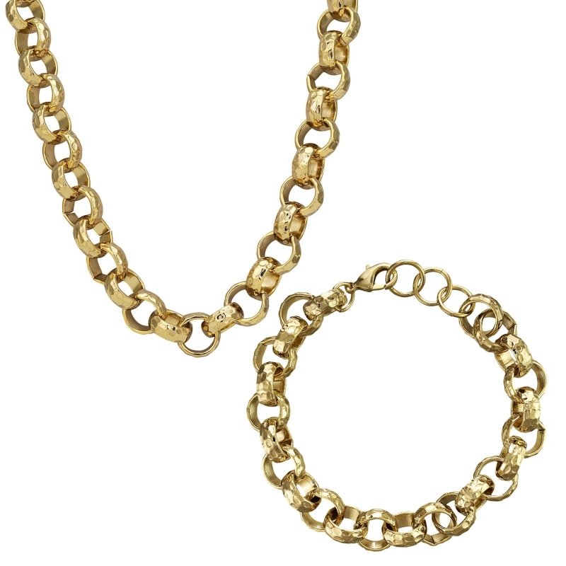 Luxury Gold 12mm Diamond Cut Pattern Belcher Chain and Bracelet Set (24 &amp; 8 Inches)