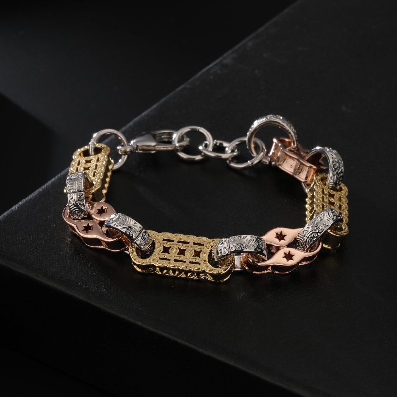 Gold, rose gold, and silver stars and bars bracelet, 11mm wide, 8.5-9 inches, 61 grams.