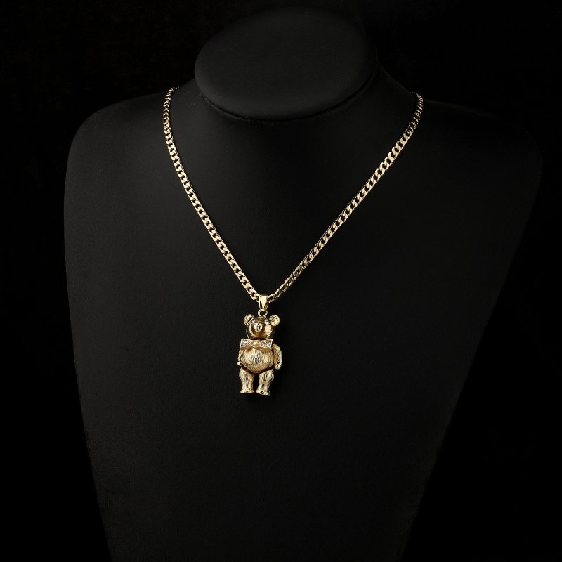 Premium Gold Teddy Bear Clear Stone Pendant with 4mm Cuban Link Chain