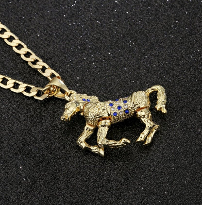 Premium Gold Horse Pendant with Blue Stones and 4mm Cuban Link Chain