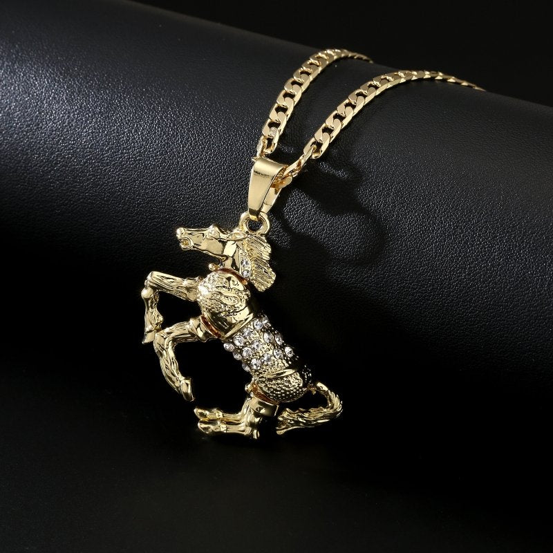 Premium Gold Horse Pendant with Clear Stones and 4mm Cuban Chain