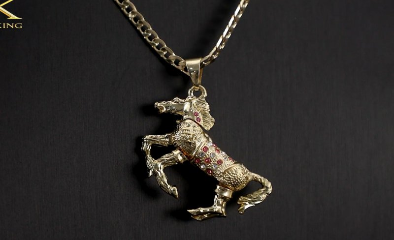 Premium Gold Horse Pendant with Pink Stones and 4mm Cuban Link Chain