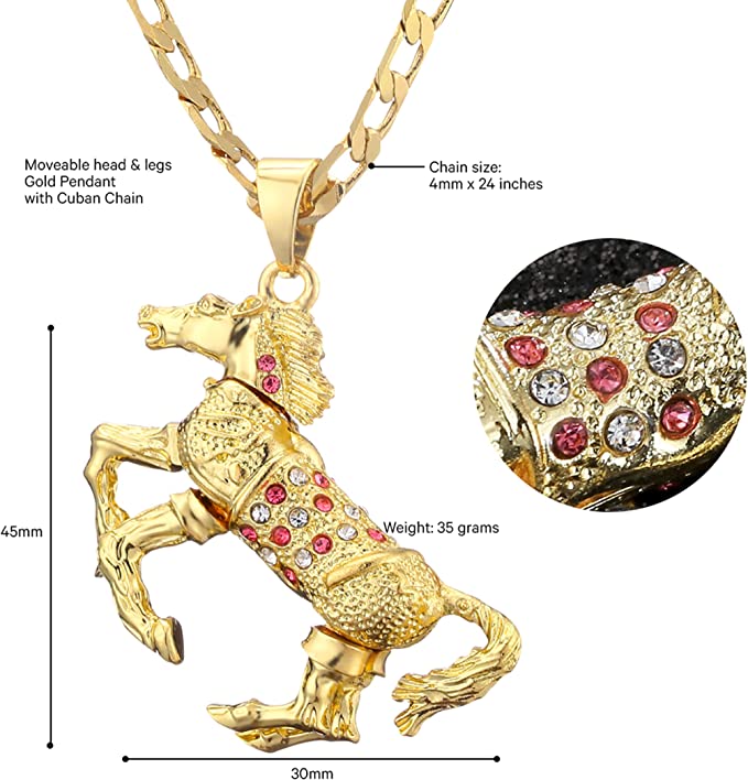 Premium Gold Horse Pendant with Pink Stones and 4mm Cuban Link Chain