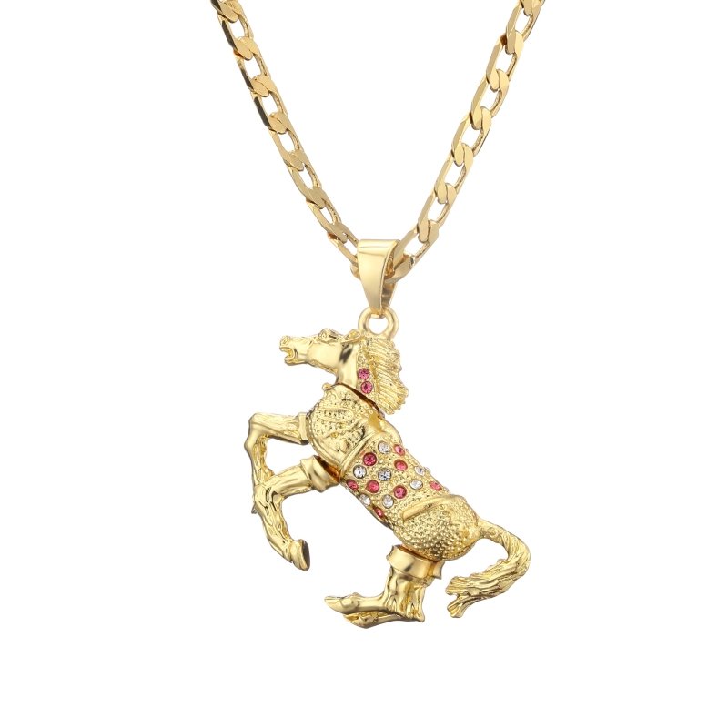 Premium Gold Horse Pendant with Pink Stones and 4mm Cuban Link