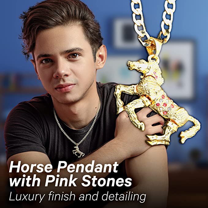 Premium Gold Horse Pendant with Pink Stones and 4mm Cuban Link Chain