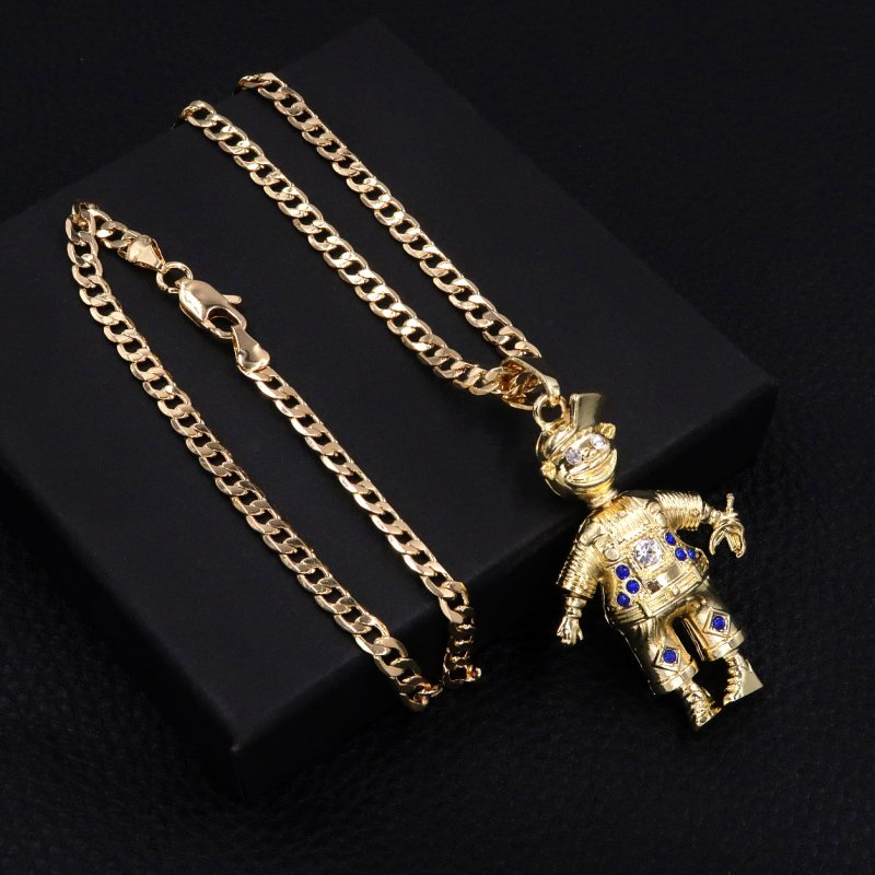 Premium Gold Large Naughty Boy Pendant with Blue Stones and 4mm Cuban Chain