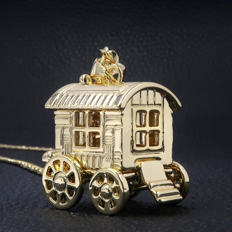 Premium Gold Gypsy Wagon Caravan 3D Pendant with 4mm Cuban Chain