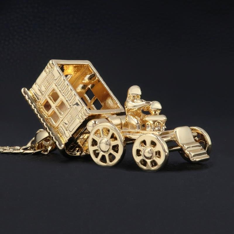 Premium Gold Gypsy Wagon Caravan 3D Pendant with 4mm Cuban Chain