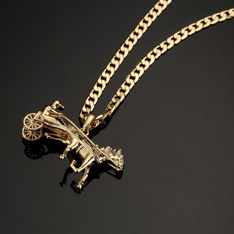 Premium Gold Sulky Gypsy Horse &amp; Cart Racing 3D Pendant with 4mm Cuban Chain