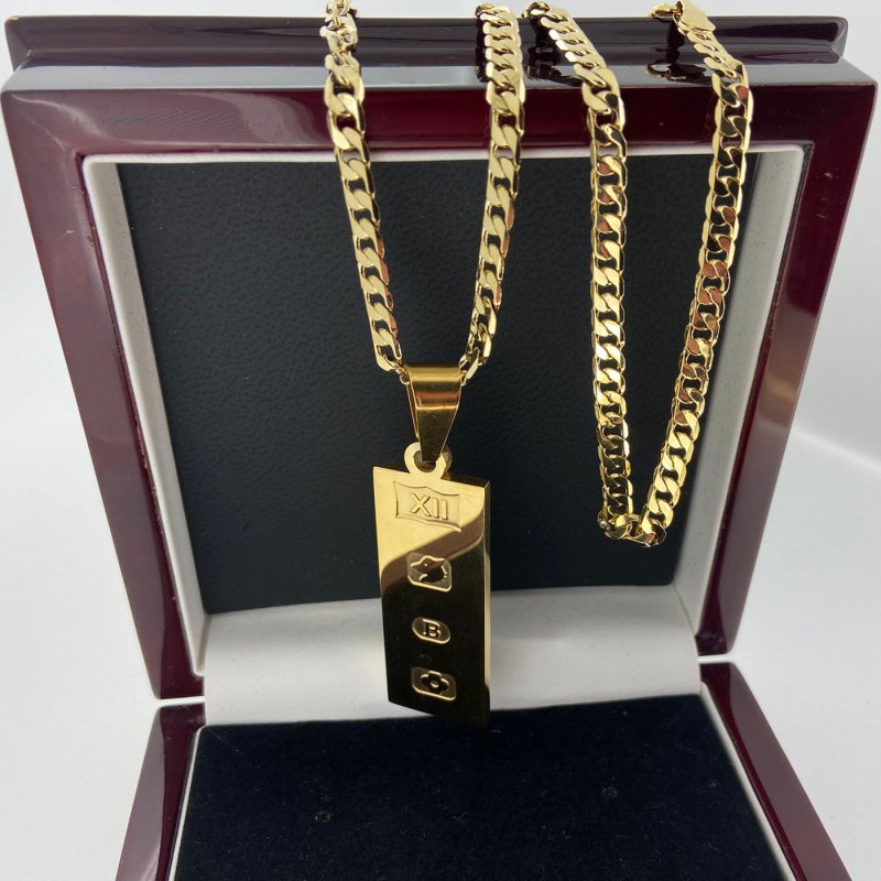 Premium Gold Ingot Bar Pendant with 4mm Cuban Chain