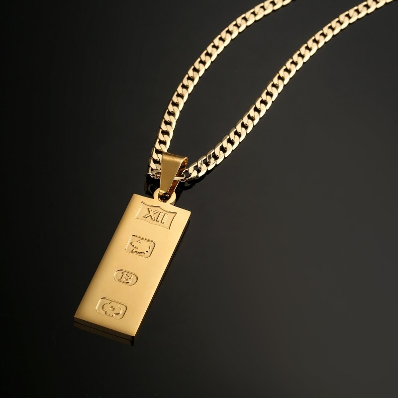 Premium Gold Ingot Bar Pendant with 4mm Cuban Chain