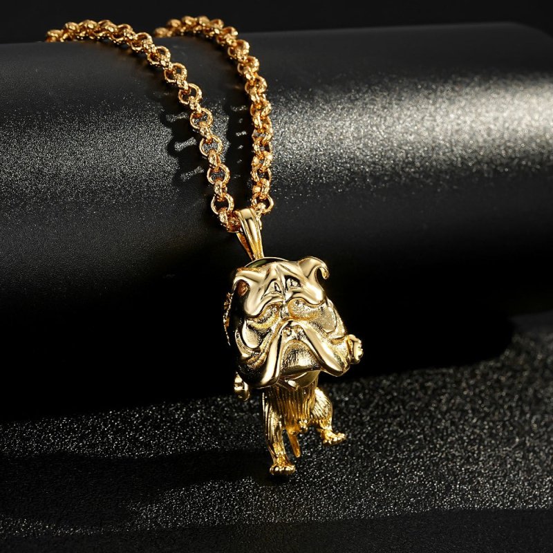 Premium Gold British Bulldog Pendant with Stones and Chain