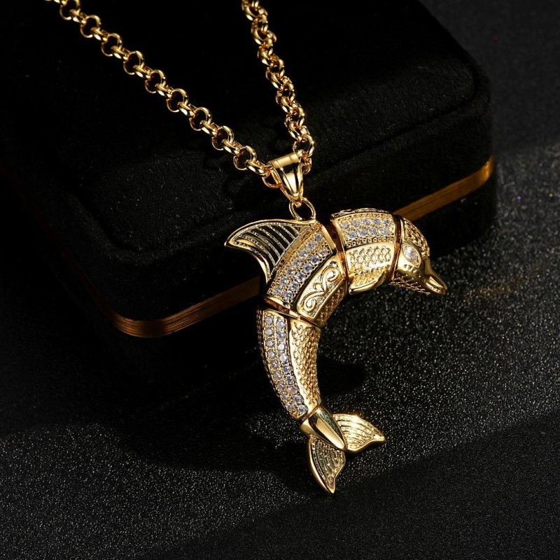 Premium Gold Dolphin Pendant with Stones and Chain