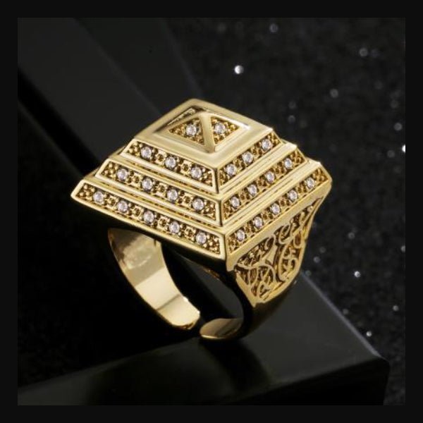 Premium XXL Gold Pyramid Adjustable Ring with Stones - Adjustable gold filled ring with pyramid design