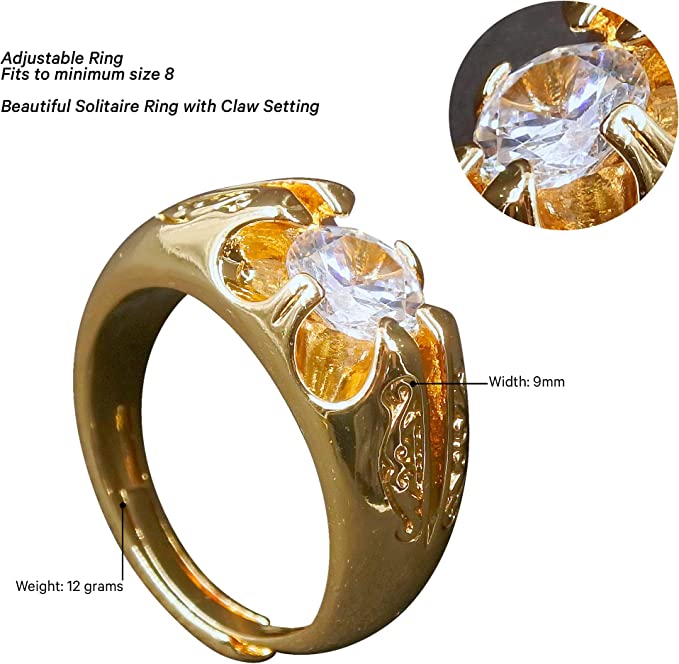 Gold Solitaire Gypsy Adjustable Ring with Clear Crystal