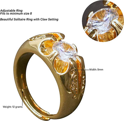 Gold Solitaire Gypsy Adjustable Ring with Clear Crystal