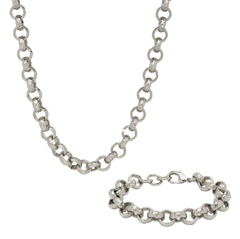 Luxury Silver 12mm Diamond Cut Pattern Belcher Chain and Bracelet Set (24 &amp; 8 Inches)